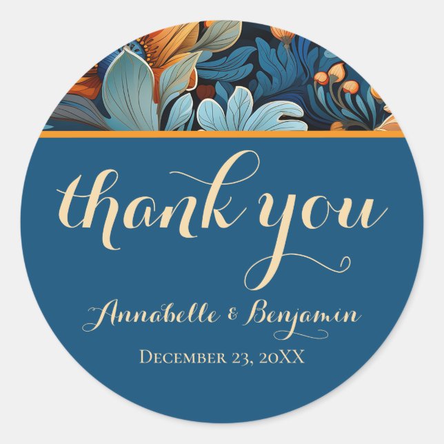 Modern Burnt Orange and Blue Floral Wedding  Classic Round Sticker (Front)