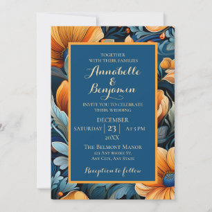 Modern Burnt Orange and Blue Floral Wedding Invitation