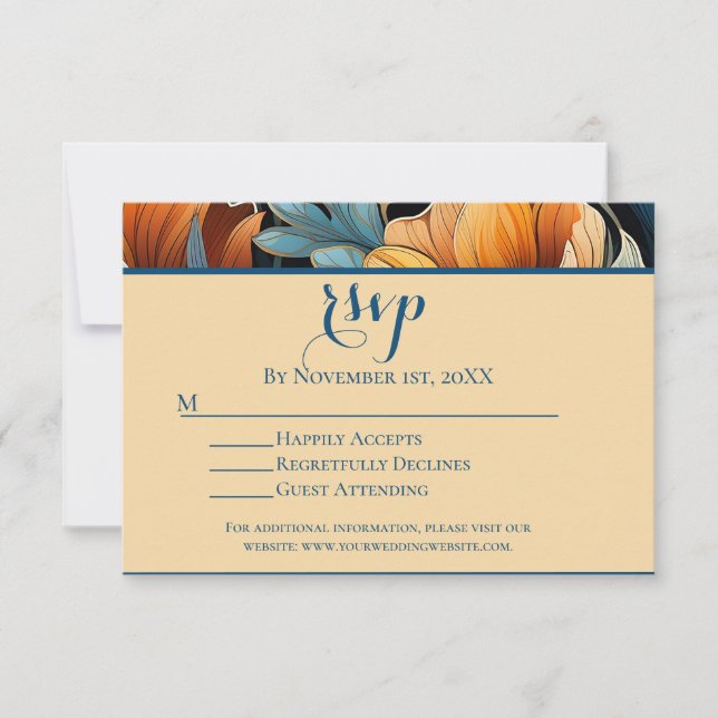 Modern Burnt Orange and Blue Floral Wedding RSVP Card (Front)