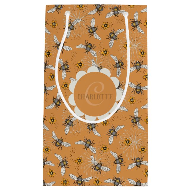 Modern Burnt Orange Bee and Daisy Initial Small Gift Bag (Front)