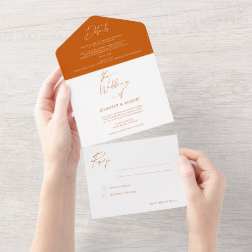 Modern Burnt Orange Calligraphy Script Wedding All In One Invitation