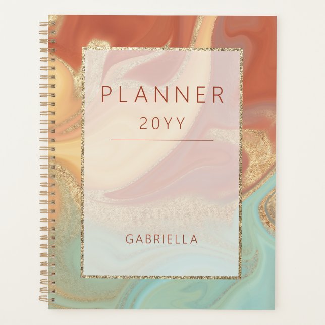 Modern Burnt Orange Cream Aqua & Gold Abstract Planner (Front)