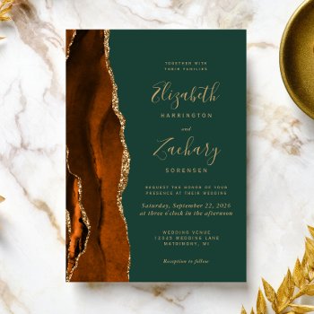 Modern Burnt Orange Dark Green Agate Wedding Invitation by Wedding_Paper_Nest at Zazzle