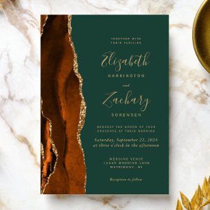 Modern Burnt Orange Dark Green Agate Wedding Invitation