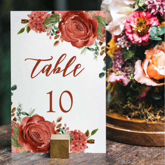 Modern Burnt Orange Floral Terracotta Wedding Table Number (Creator Uploaded)