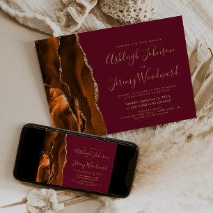 Modern Burnt Orange Gold Agate Burgundy Wedding Invitation