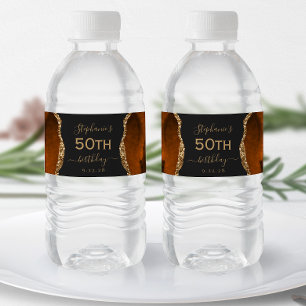 Modern Burnt Orange Gold Agate Dark 50th Birthday Water Bottle Label