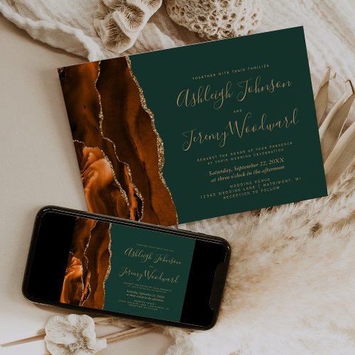 Modern Burnt Orange Gold Agate Dark Green Wedding Invitation