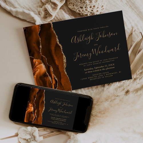 Modern Burnt Orange Gold Agate Dark Wedding Invitation
