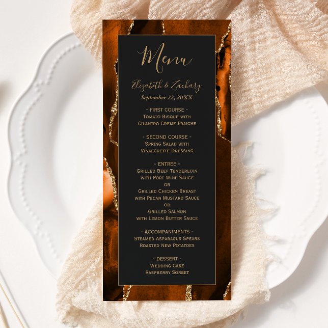 Modern Burnt Orange Gold Agate Dark Wedding Menu (Creator Uploaded)