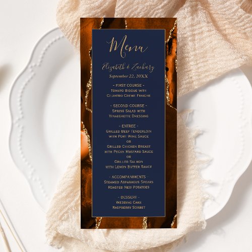 Modern Burnt Orange Gold Agate Navy Blue Wedding Menu