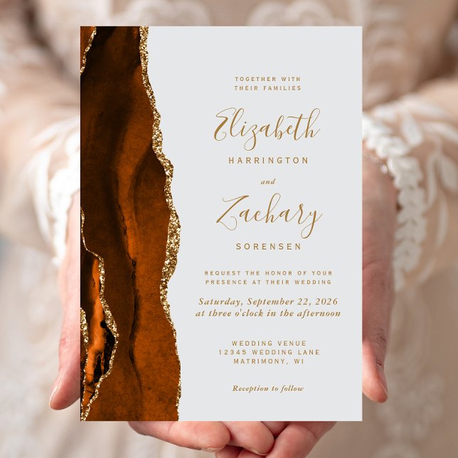 Modern Burnt Orange Gold Agate Pale Gray Wedding Invitation (Creator Uploaded)