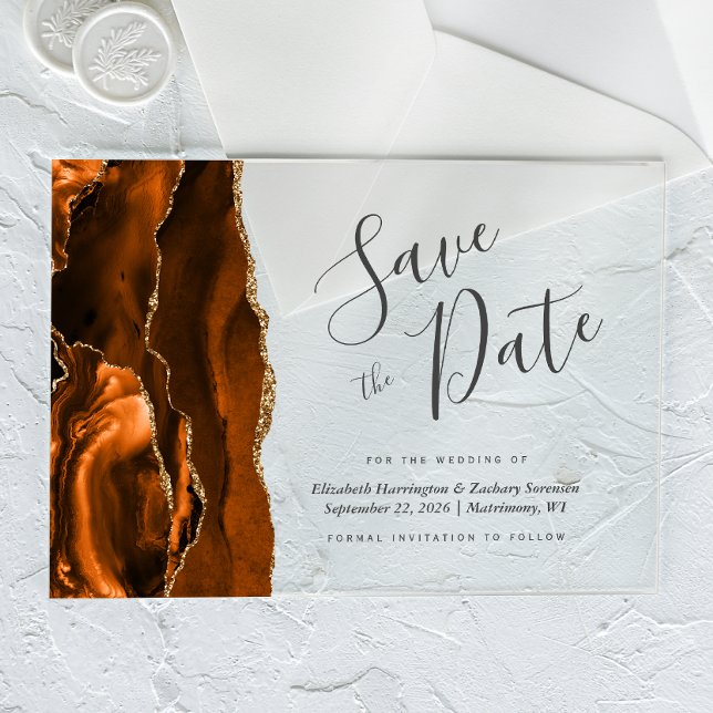 Modern Burnt Orange Gold Agate Save the Date Card (Creator Uploaded)