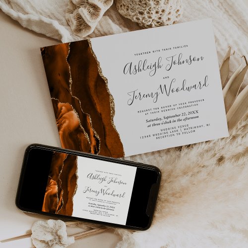 Modern Burnt Orange Gold Agate Wedding Invitation