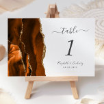 Modern Burnt Orange Gold Agate Wedding Table Number<br><div class="desc">The left-hand edge of this elegant modern wedding table number card features a burnt orange watercolor agate border trimmed with faux gold glitter. The customizable text combines charcoal gray handwriting,  italic and copperplate fonts on a white background.</div>