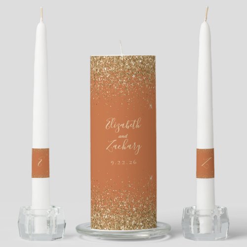 Modern Burnt Orange Gold Faux Glitter Edge Unity Candle Set
