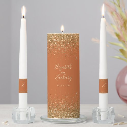 Modern Burnt Orange Gold Faux Glitter Edge Unity Candle Set