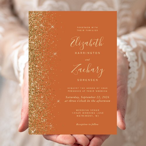 Modern Burnt Orange Gold Faux Glitter Edge Wedding Invitation
