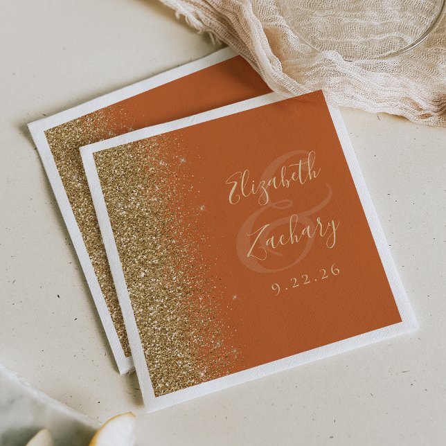 Modern Burnt Orange Gold Glitter Edge Wedding Napkins (Creator Uploaded)