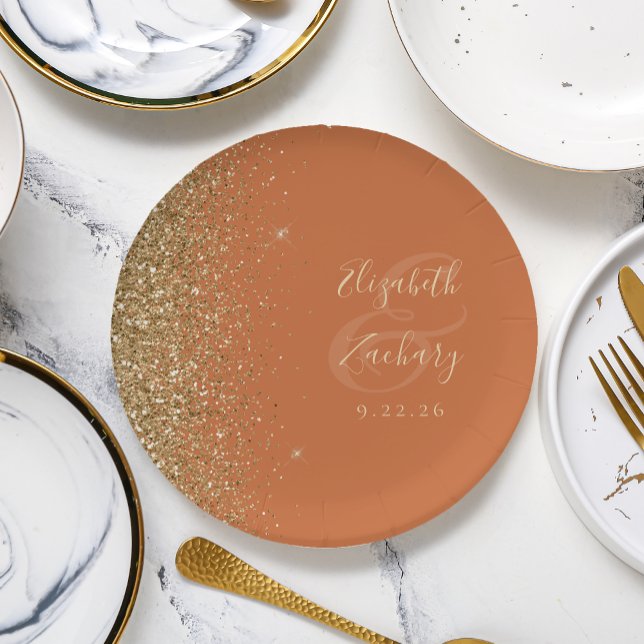 Modern Burnt Orange Gold Glitter Edge Wedding Paper Plates (Creator Uploaded)