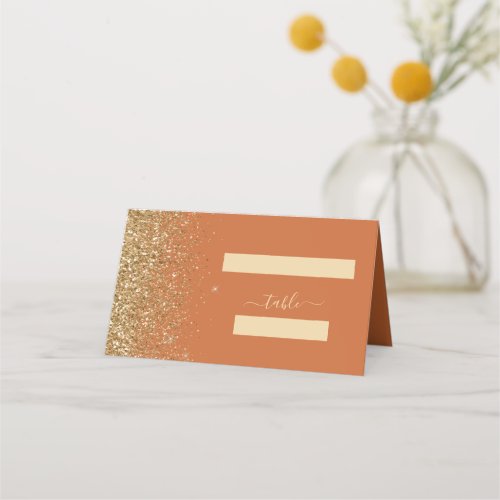 Modern Burnt Orange Gold Glitter Edge Wedding Place Card