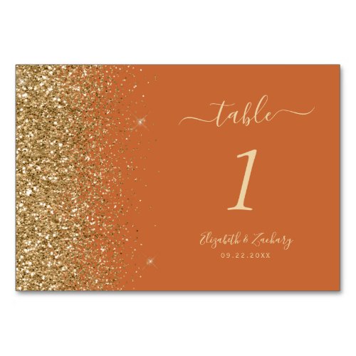 Modern Burnt Orange Gold Glitter Edge Wedding Table Number
