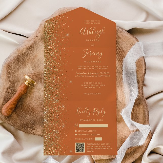 Modern Burnt Orange Gold Glitter QR Code Wedding All In One Invitation (Creator Uploaded)
