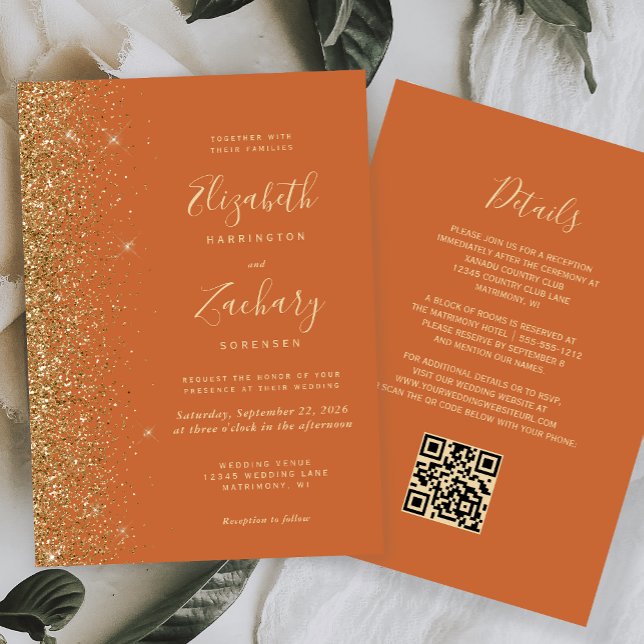 Modern Burnt Orange Gold Glitter QR Code Wedding Invitation (Creator Uploaded)