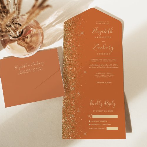 Modern Burnt Orange Gold Glitter Wedding All In One Invitation