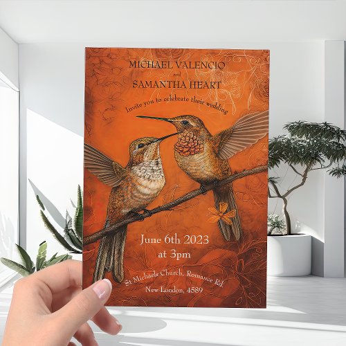 Modern Burnt Orange Humming Birds Wedding Invitation