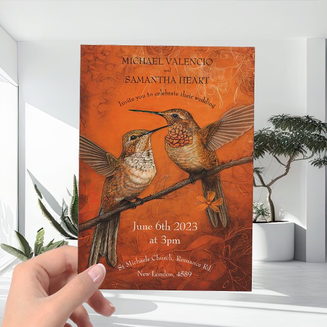 Modern Burnt Orange Humming Birds Wedding Invitation (Creator Uploaded)