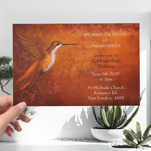 Modern Burnt Orange Hummingbird Wedding Invitation