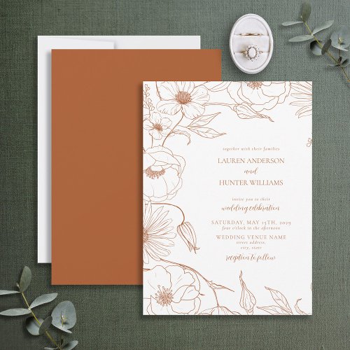 Modern Burnt Orange Lline Art Floral Wedding Invitation