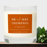 Modern Burnt Orange MR & MRS Wedding  Scented Candle<br><div class="desc">A perfect modern burnt orange wedding personalized candle gift makes the special day even more memorable. Customized with the names of Mr. and Mrs. and the wedding date, this scented soy wax candle adds a unique touch to your gift. Perfect as a keepsake or a gift for the newlyweds, this...</div>