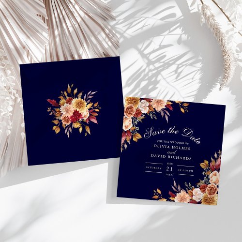 Modern Burnt Orange Navy Blue Wildflowers Wedding Save The Date