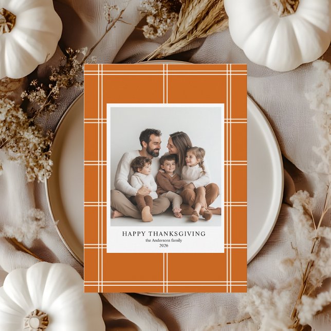 Modern Burnt Orange Plaid Thanksgiving Photo Invitation (Creator Uploaded)