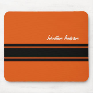 Modern Burnt Orange Racing Stripes With Name Mouse Pad