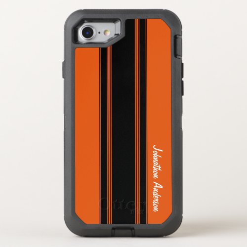 Modern Burnt Orange Racing Stripes With Name OtterBox Defender iPhone SE87 Case