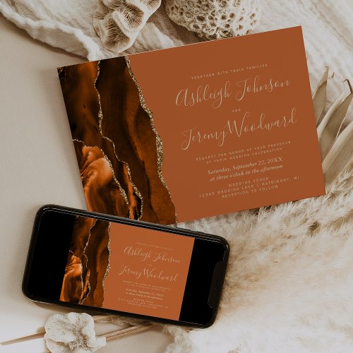 Modern Burnt Orange Rust Gold Agate Wedding Invitation