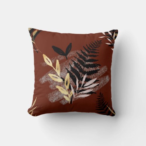 Modern Burnt Orange Terracotta Fern Leaf Jungle Throw Pillow