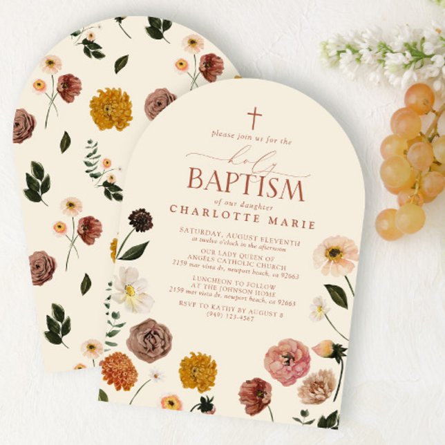 Modern Burnt Orange Terracotta Floral Holy Baptism Invitation (Creator Uploaded)