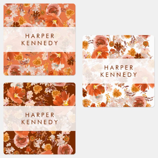 Modern Burnt Orange Terracotta Florals Name Labels (Group)
