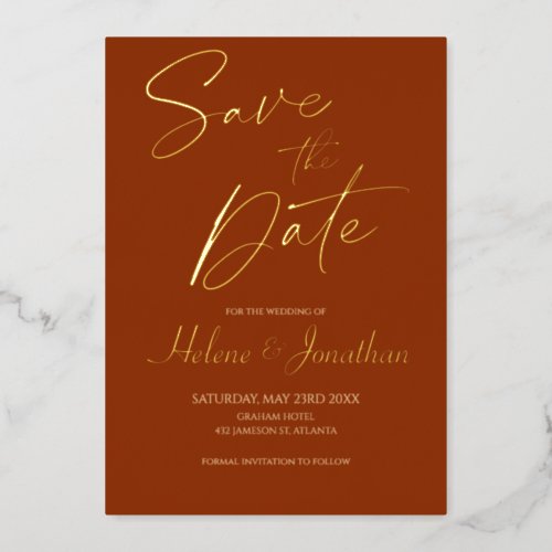 Modern Burnt Orange Terracotta Save The Date Foil Invitation