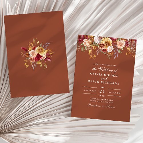 Modern Burnt Orange Terracotta Wildflowers Wedding Invitation