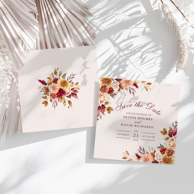 Modern Burnt Orange Terracotta Wildflowers Wedding Save The Date (Modern Burnt Orange Terracotta Wildflowers Wedding Save The Date on a sunny white table.)