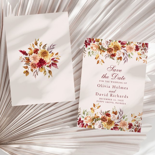 Modern Burnt Orange Terracotta Wildflowers Wedding Save The Date (Modern Burnt Orange Terracotta Wildflowers Wedding Save The Date on a sunny dry palm leaf.)