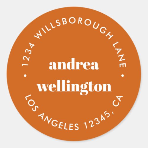 Modern Burnt Orange Typography Return Address  Classic Round Sticker