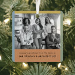 Modern Business Black and White Christmas Metal Ornament<br><div class="desc">A stylish modern corporate business holiday with modern color stripes framing black and white team photo metal ornament with traditional san serif typography. The greeting and company name can be easily customized to suit your own business. A sleek, elegant and professional design to stand out this holiday season! The image...</div>