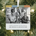 Modern Business Black and White Christmas Metal Ornament<br><div class="desc">A stylish modern corporate business holiday with modern color stripes black and white team photo metal ornament with traditional san serif typography. The greeting and company name can be easily customized to suit your own business. A sleek, elegant and professional design to stand out this holiday season! The image shown...</div>