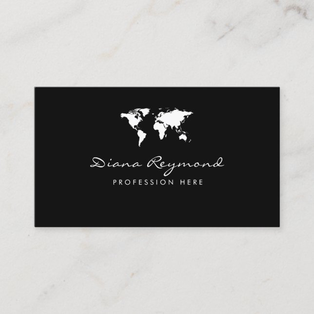 modern business card with white world map on black (Front)
